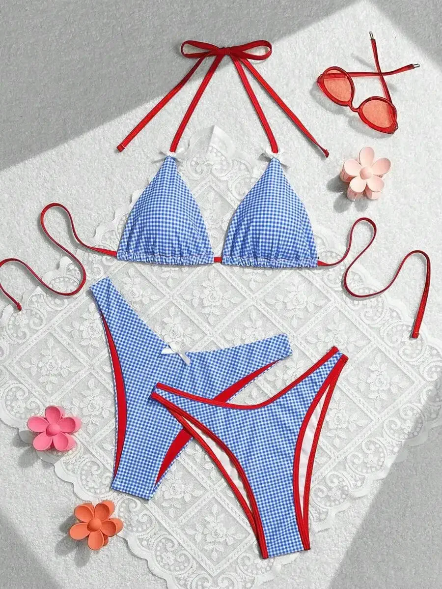 3pcs Women Blue Gingham Halter Tie Bikini Set With Red Trim
3pcs Women Blue Gingham Halter Tie Bikini Set With Red Trim