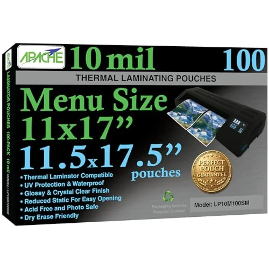 Menu size laminating pouches, 10 mil polyester, clear, super clear finish with round corners for 11 x 17 inch projects, thermal
Menu size laminating pouches, 10 mil polyester, clear, super clear finish with round corners for 11 x 17 inch projects, thermal