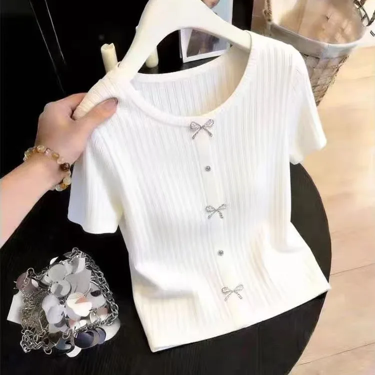 Slimming Ice Silk Short Sleeve T-Shirt round Neck Knot Women's Summer Fashionable Unique Top Quality Knittedwear
Slimming Ice Silk Short Sleeve T-Shirt round Neck Knot Women's Summer Fashionable Unique Top Quality Knittedwear