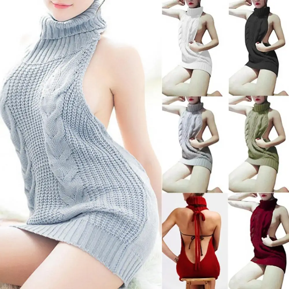 Sexy Backless Women Sweater Dress Turtleneck Sleeveless Pullover Knit Sweater Virgin Killer Dress Female Knit Jumper Streetwear
Sexy Backless Women Sweater Dress Turtleneck Sleeveless Pullover Knit Sweater Virgin Killer Dress Female Knit Jumper Streetwear