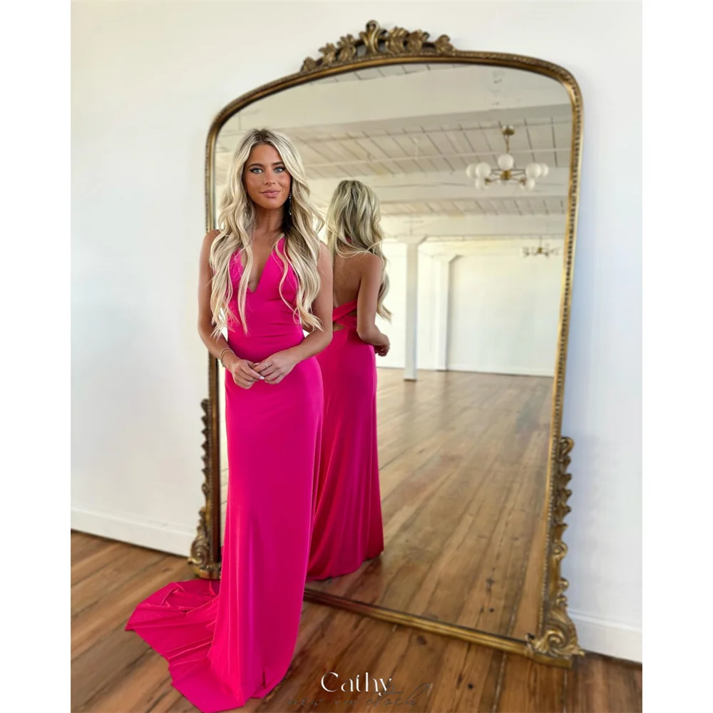 Cathy Customized Hot Pink V Neck Cut-out Back Prom Dress Spaghetti Strap vestidos de noiva Sleeveless Long Train Evening Dresses
Cathy Customized Hot Pink V Neck Cut-out Back Prom Dress Spaghetti Strap vestidos de noiva Sleeveless Long Train Evening Dresses
