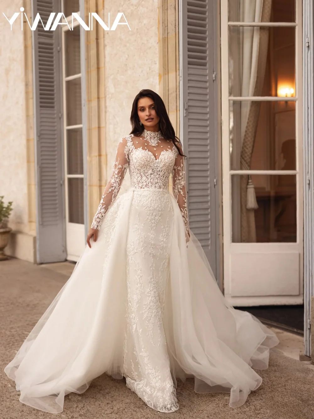 Dazzling Beaded Appliques Wedding Dress With Overskirt Modest High Collar Bridal Gown Customized A-line Long Dresses For Bride
Dazzling Beaded Appliques Wedding Dress With Overskirt Modest High Collar Bridal Gown Customized A-line Long Dresses For Bride