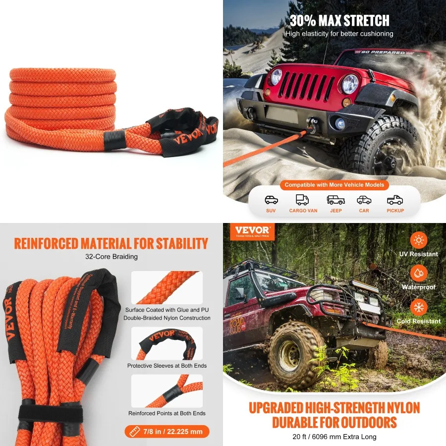 VEVOR 7 8" x 20' Kinetic Recovery Tow Rope 30 580 lbs HeavyDuty Off Road Snatch Strap Extreme Duty 30% Elasticity Energy Snatch
VEVOR 7 8" x 20' Kinetic Recovery Tow Rope 30 580 lbs HeavyDuty Off Road Snatch Strap Extreme Duty 30% Elasticity Energy Snatch