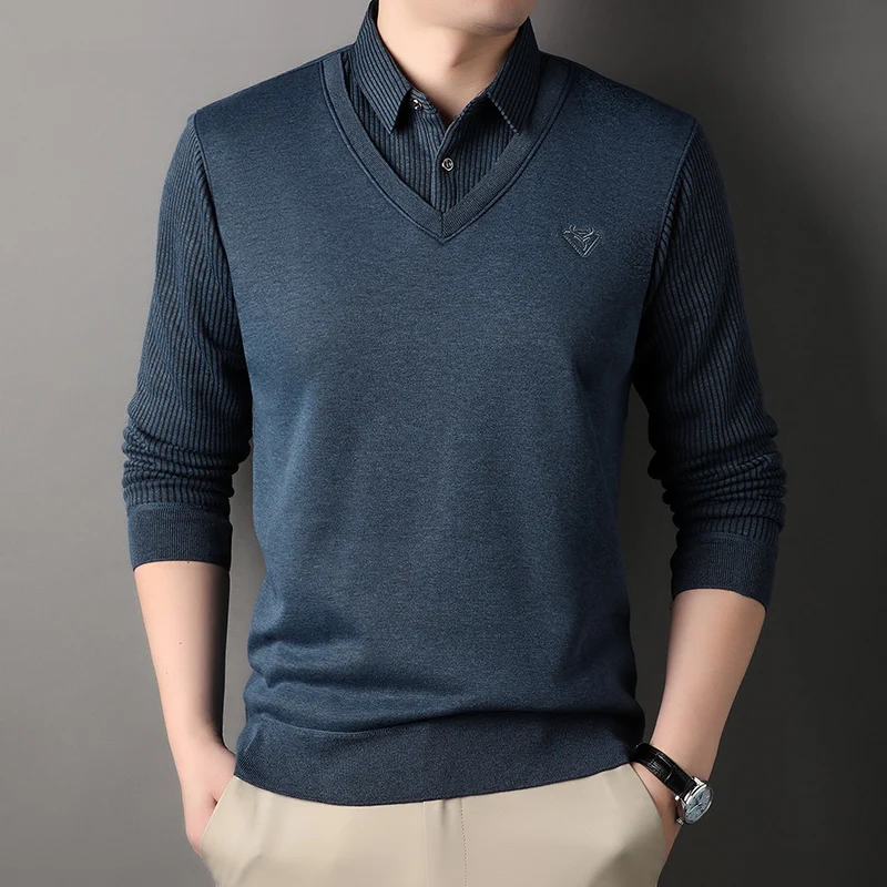 Mens Fashion Polo Neck Pullover Fake Two Piece Knit POLO Shirts Casual Striped Top Tees Spring Autumn Men's Clothes
Mens Fashion Polo Neck Pullover Fake Two Piece Knit POLO Shirts Casual Striped Top Tees Spring Autumn Men's Clothes
