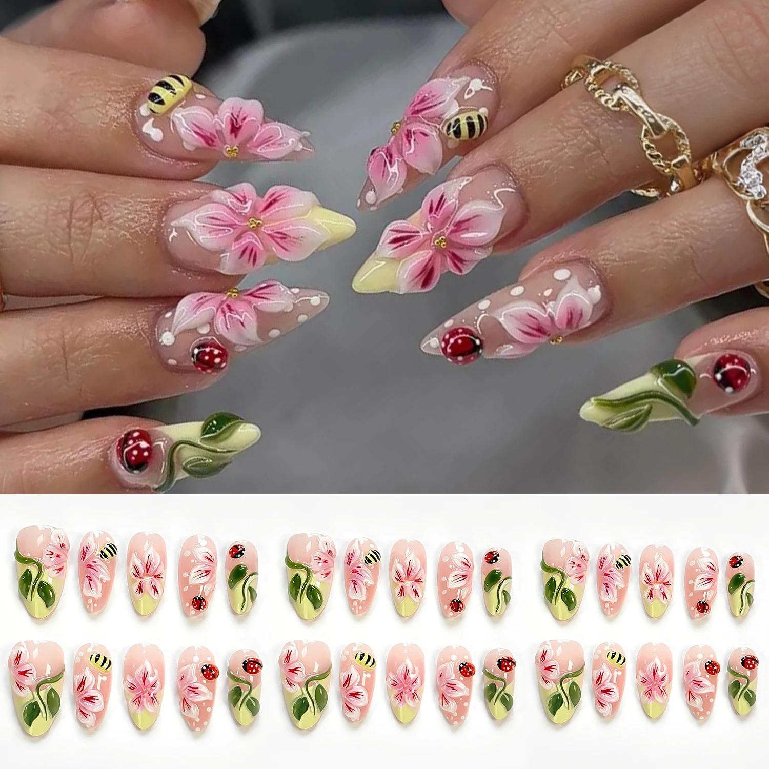 30/10pcs Garden Themed Press On Nails Handmade Pink Flower Fake Nails Long Almond Bee Ladybug & Green Leaf Acrylic False Nails
30/10pcs Garden Themed Press On Nails Handmade Pink Flower Fake Nails Long Almond Bee Ladybug & Green Leaf Acrylic False Nails