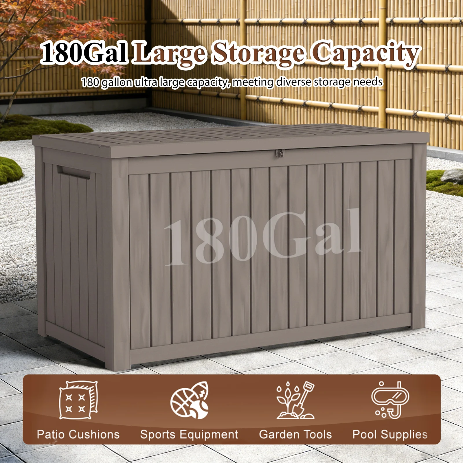 180 Gallon Deck Lockable Box - Outdoor Storage Box Waterproof Plastic Container for Patio, Outside Backyard, Deck and More, 55.51x28.62x28.58in, Light Brown
180 Gallon Deck Lockable Box - Outdoor Storage Box Waterproof Plastic Container for Patio, Outside Backyard, Deck and More, 55.51x28.62x28.58in, Light Brown