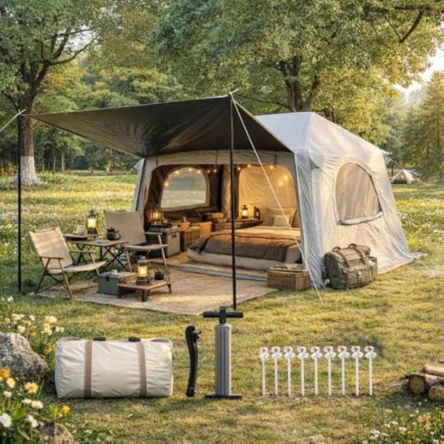 Camping tent with awning, waterproof Oxford fabric, black, quick-setup inflatable design for 4-person 4-season use including 3x
Camping tent with awning, waterproof Oxford fabric, black, quick-setup inflatable design for 4-person 4-season use including 3x