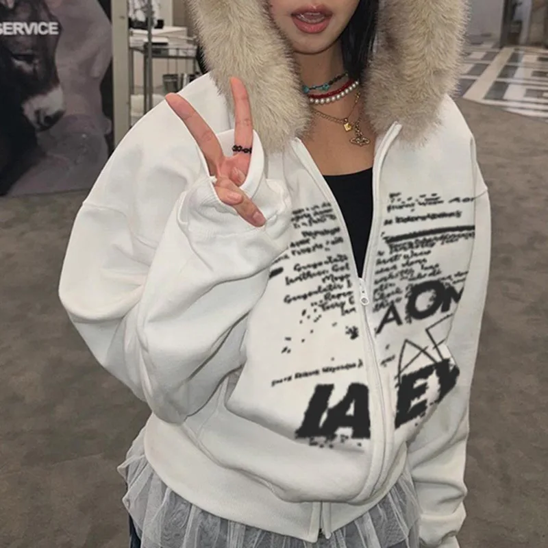 American retro Women Clothing Y2K Letter Printing Fur Collar Hoodie Cardigan Hoodie Coat Autumn And Winter sudaderas de mujer
American retro Women Clothing Y2K Letter Printing Fur Collar Hoodie Cardigan Hoodie Coat Autumn And Winter sudaderas de mujer