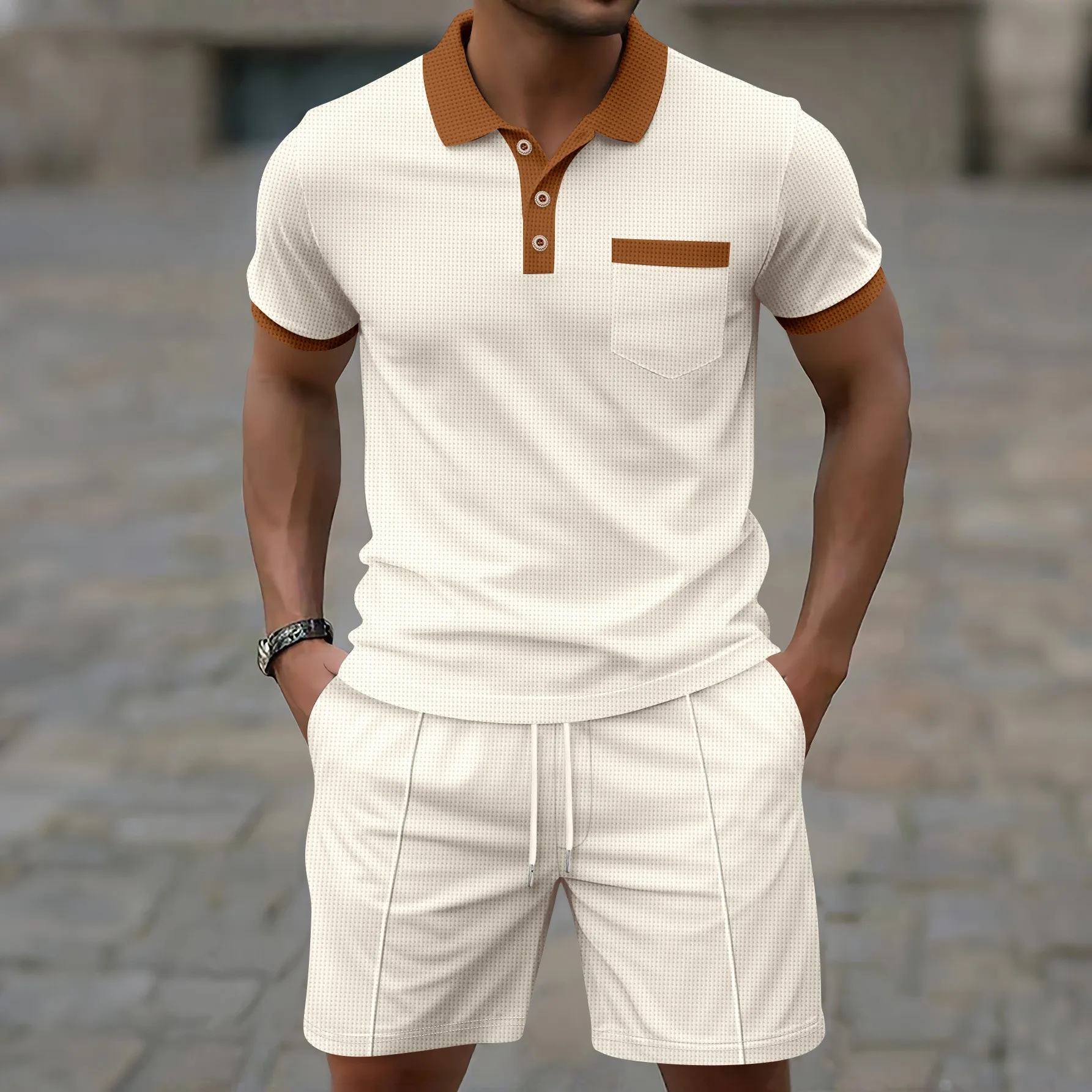 2025 summer new men waffle pocket color matching POLO shirt short sleeve shirt T-shirt shorts two sets
2025 summer new men waffle pocket color matching POLO shirt short sleeve shirt T-shirt shorts two sets