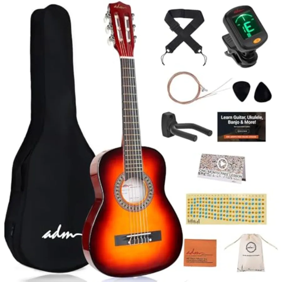Beginner acoustic classical guitar with nylon strings, wooden body, sunburst finish: includes gig bag, strap, tuner, extra stri
Beginner acoustic classical guitar with nylon strings, wooden body, sunburst finish: includes gig bag, strap, tuner, extra stri