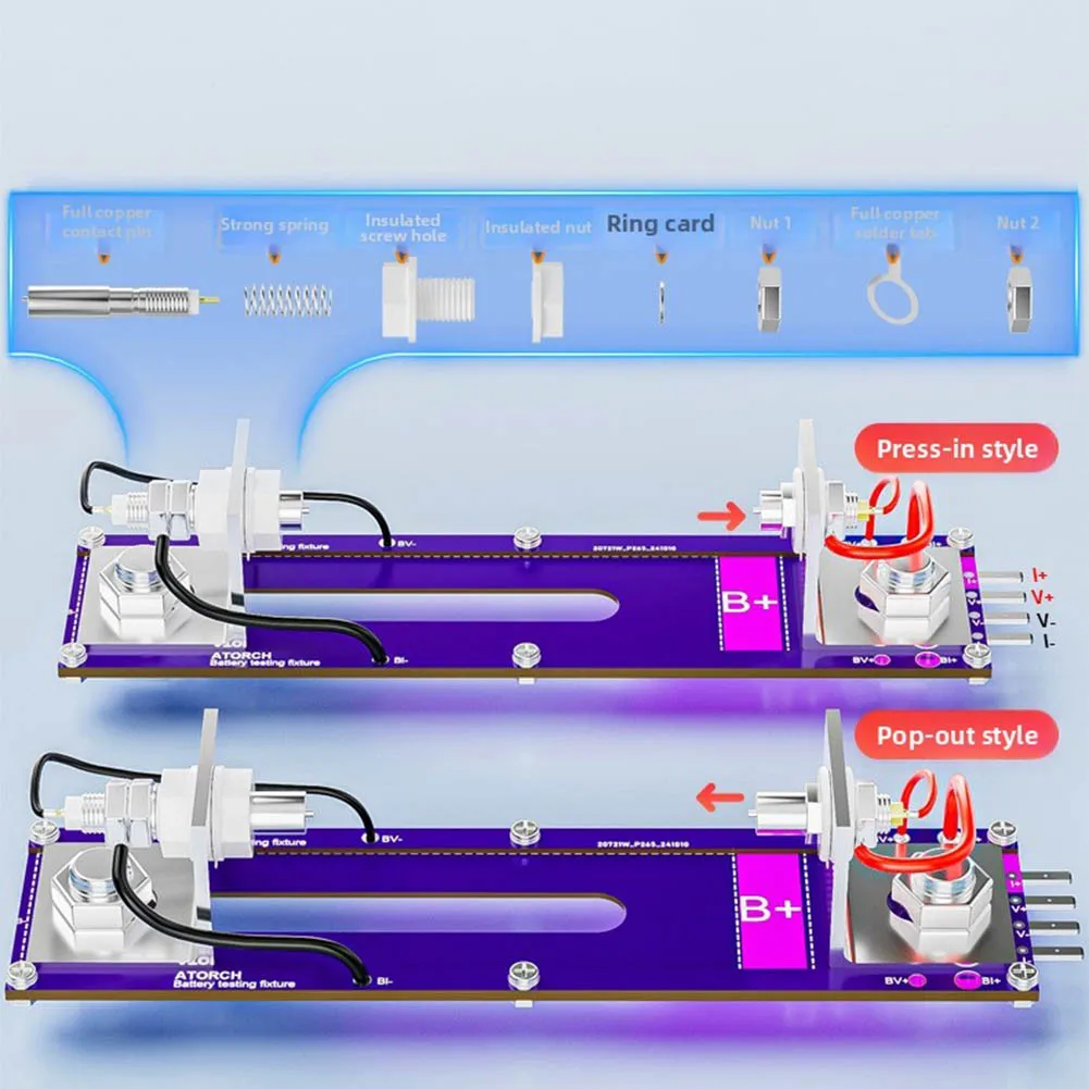 20A 4 wire battery test stand fixture for multiple battery sizes with robust copper contact terminals and strong negative spring
20A 4 wire battery test stand fixture for multiple battery sizes with robust copper contact terminals and strong negative spring