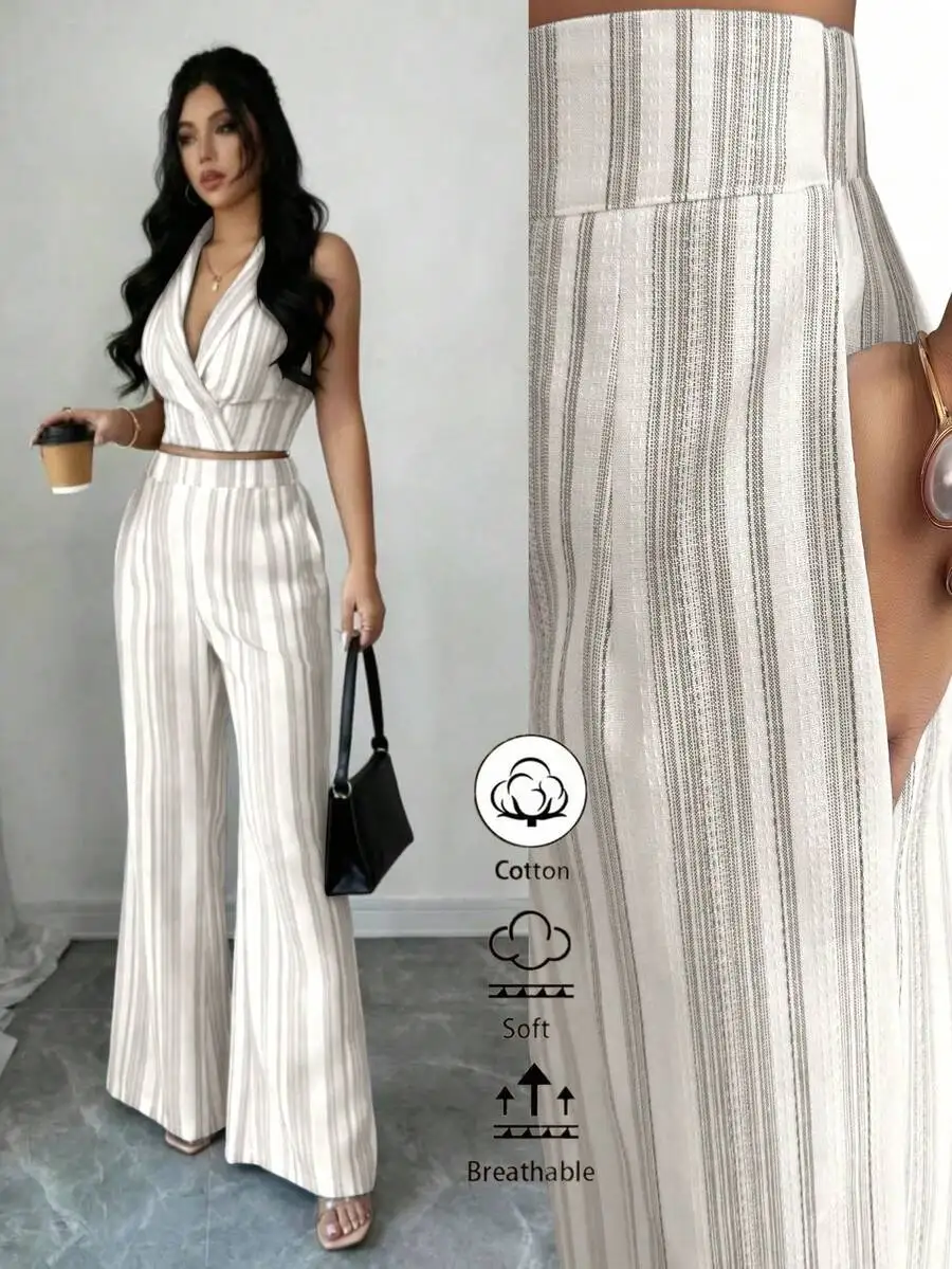 Striped Sleeveless Lapel Top And Flared Wide Leg Pants Two Piece Set Cotton Casual Summer Outfit
Striped Sleeveless Lapel Top And Flared Wide Leg Pants Two Piece Set Cotton Casual Summer Outfit