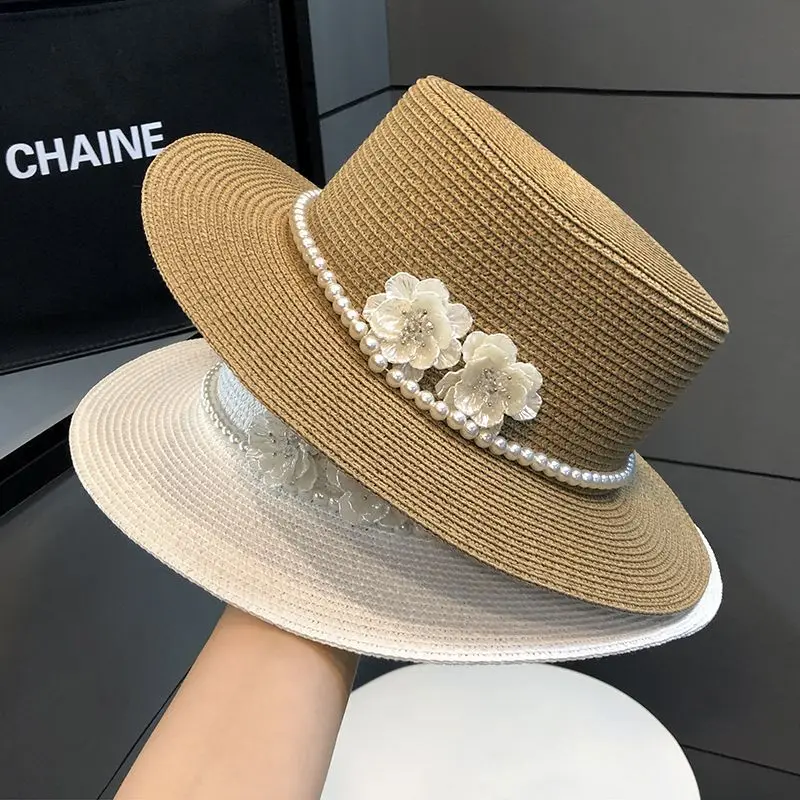 French British Retro Pearl Flat Top Straw Hat for Women, Elegant Wide Brim Summer Sun Cap, Beach Vacation UV Protection
French British Retro Pearl Flat Top Straw Hat for Women, Elegant Wide Brim Summer Sun Cap, Beach Vacation UV Protection