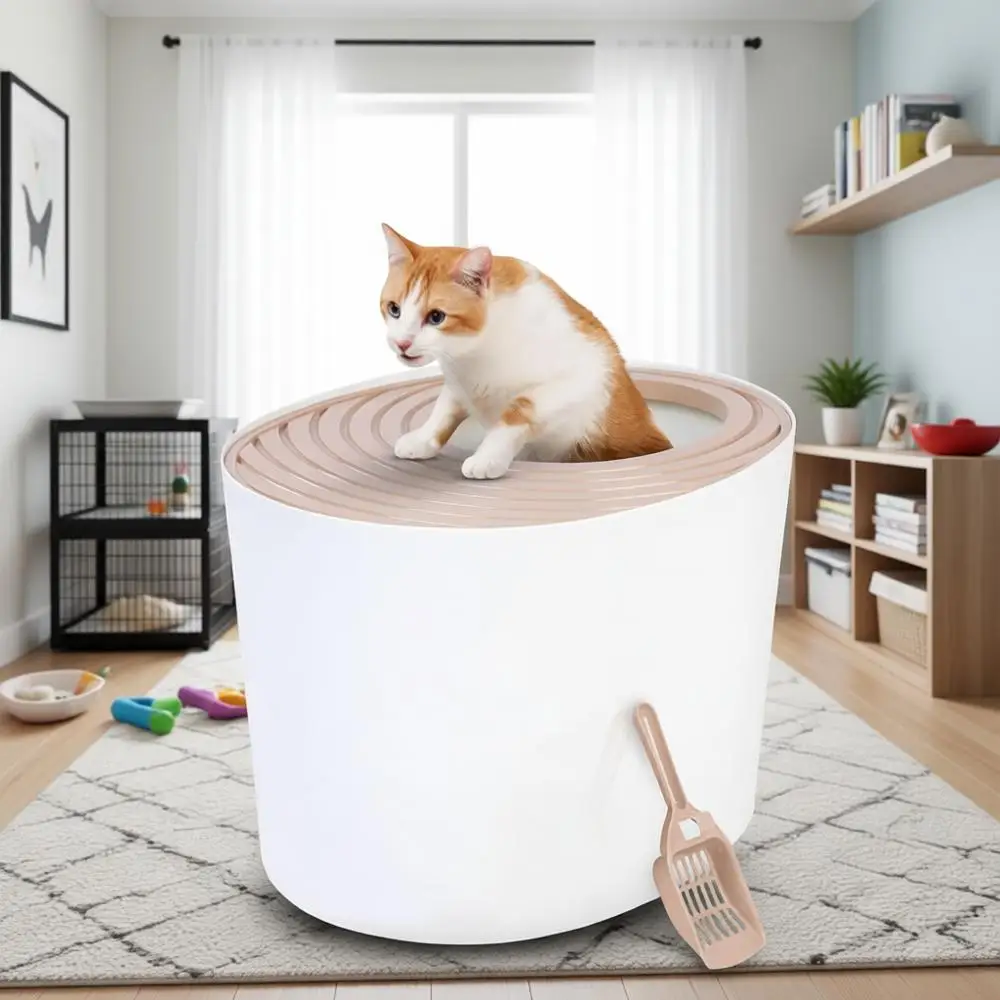 Large Top Entry Litter Box with Litter Catching Lid and Scoop, Beige/White
Large Top Entry Litter Box with Litter Catching Lid and Scoop, Beige/White