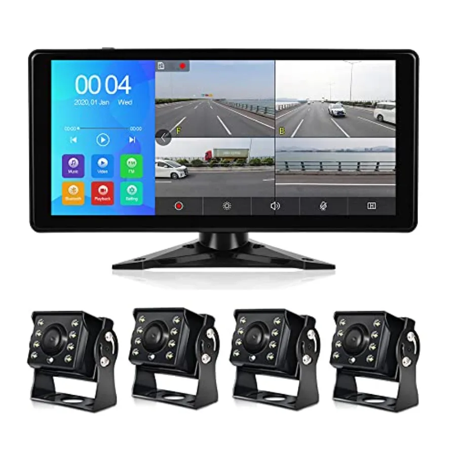 RV/Truck/Bus/Trailer/Camper/Van backup camera system: 4K 10.36 touch screen quad display, 4x 1080P AHD cameras, MP5 player, DVR
RV/Truck/Bus/Trailer/Camper/Van backup camera system: 4K 10.36 touch screen quad display, 4x 1080P AHD cameras, MP5 player, DVR