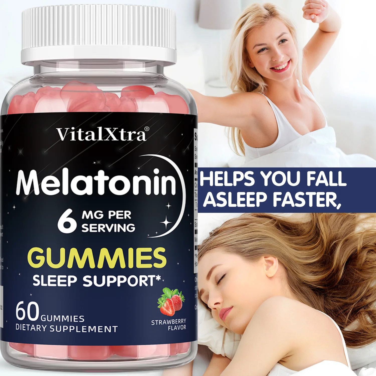Melatonin Gummies 6mg, Natural Night Rest Support, Ease Daily Tension, Keep Refreshing Daily State, Promote Sleep Quality
Melatonin Gummies 6mg, Natural Night Rest Support, Ease Daily Tension, Keep Refreshing Daily State, Promote Sleep Quality