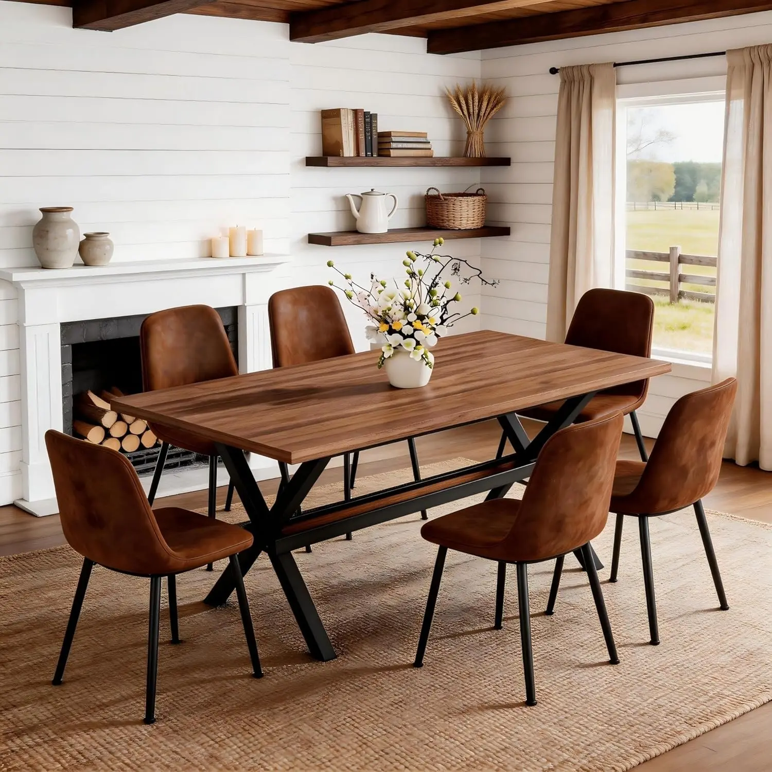 Farmhouse Dining Table Set Six Three Panel Tabletop Spacious Storage Shelf Rectangular Kitchen Table Upholstered Chairs
Farmhouse Dining Table Set Six Three Panel Tabletop Spacious Storage Shelf Rectangular Kitchen Table Upholstered Chairs