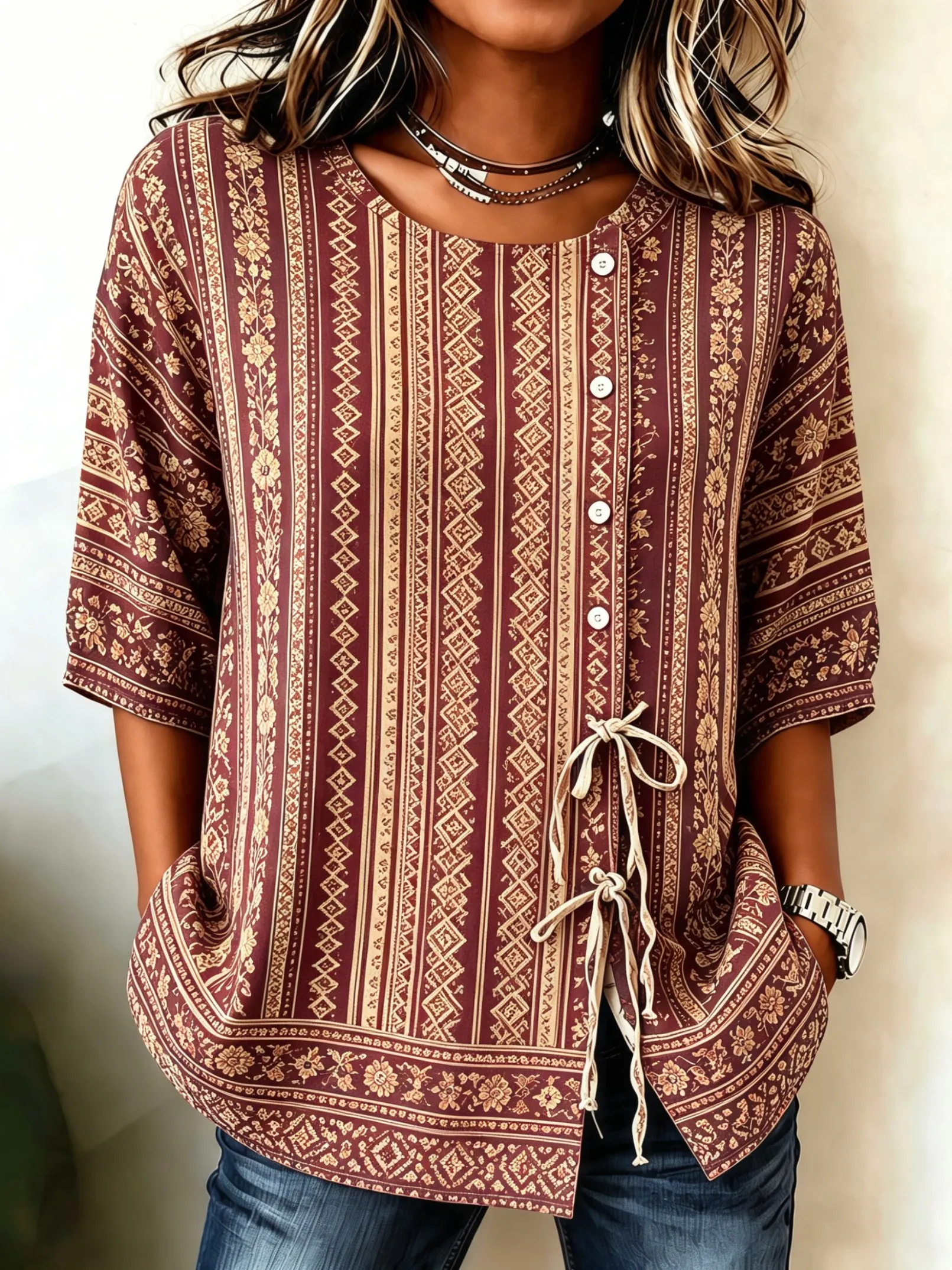 Women's Burgundy Boho Geometric Floral Print Drawstring Button Up Blouse, Casual Round Neck Tops for Spring Summer Daily Wear
Women's Burgundy Boho Geometric Floral Print Drawstring Button Up Blouse, Casual Round Neck Tops for Spring Summer Daily Wear