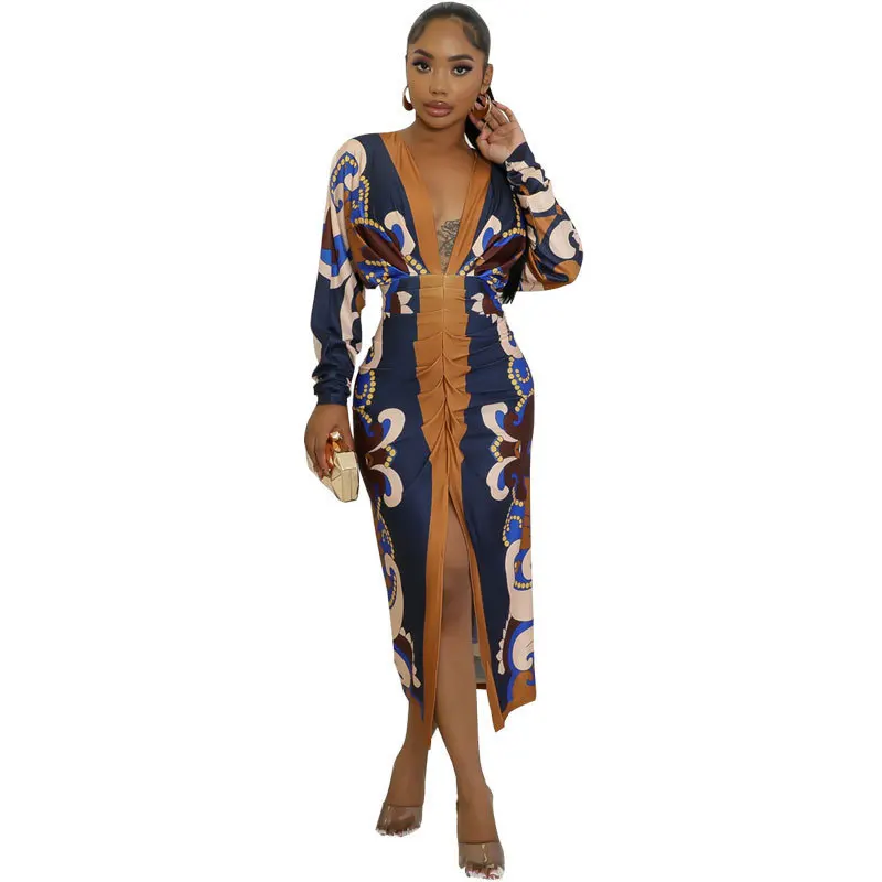 New Best Selling Women's Clothes Popular DeepVCollar Printed Long Sleeve Casual Slit Dress Dress
New Best Selling Women's Clothes Popular DeepVCollar Printed Long Sleeve Casual Slit Dress Dress