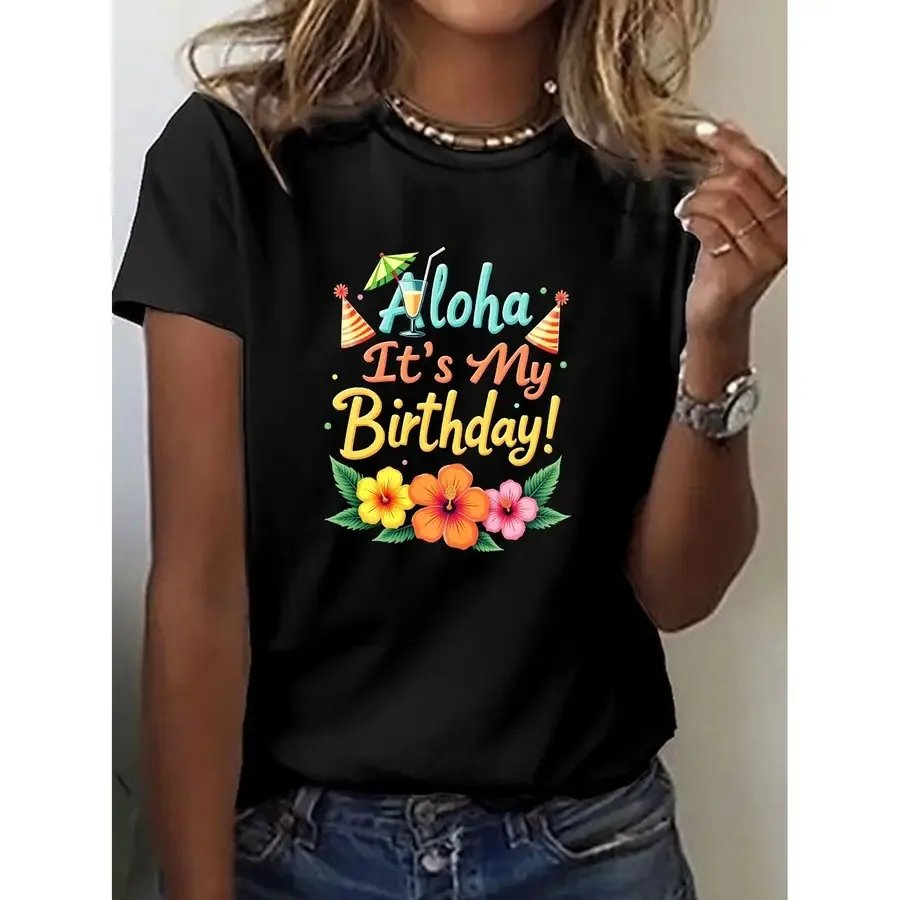 Women's Hawaiian Birthday T-Shirt - Tropical Hibiscus and Palm Leaf Print with "Today is My Birthday!" Slogan Short Sleeve Roun
Women's Hawaiian Birthday T-Shirt - Tropical Hibiscus and Palm Leaf Print with "Today is My Birthday!" Slogan Short Sleeve Roun