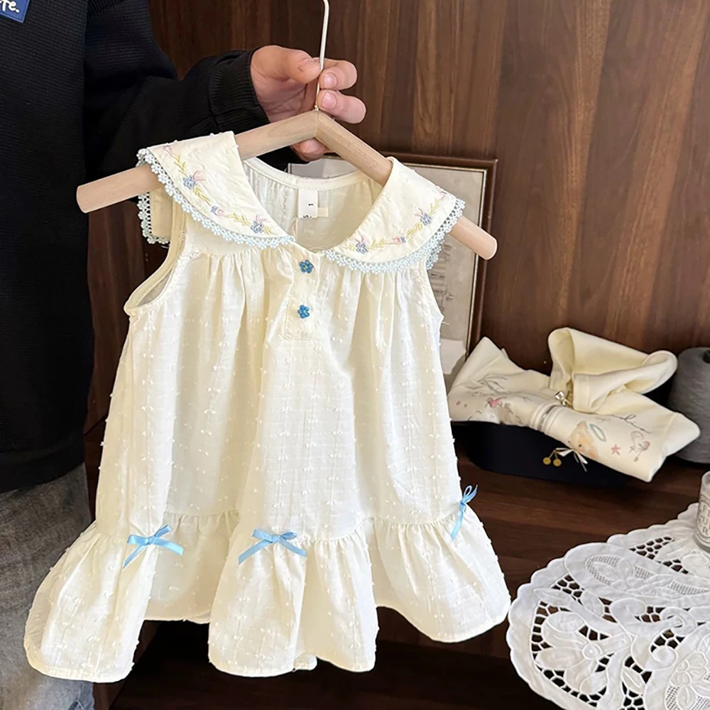 Girls Summer Casual Dress Exquisite Floral Embroidery Sailor Collar Bow Princess Dresses KOrean Style Kids Baby Sleeveless Dress
Girls Summer Casual Dress Exquisite Floral Embroidery Sailor Collar Bow Princess Dresses KOrean Style Kids Baby Sleeveless Dress