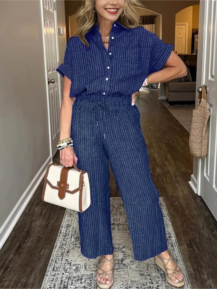 Striped Print Flip Collar Top Two-piece Set Woman's Fashion Short-sleeved Top Lace-up Long Pants Suit Spring Autumn Lady Outfit
Striped Print Flip Collar Top Two-piece Set Woman's Fashion Short-sleeved Top Lace-up Long Pants Suit Spring Autumn Lady Outfit