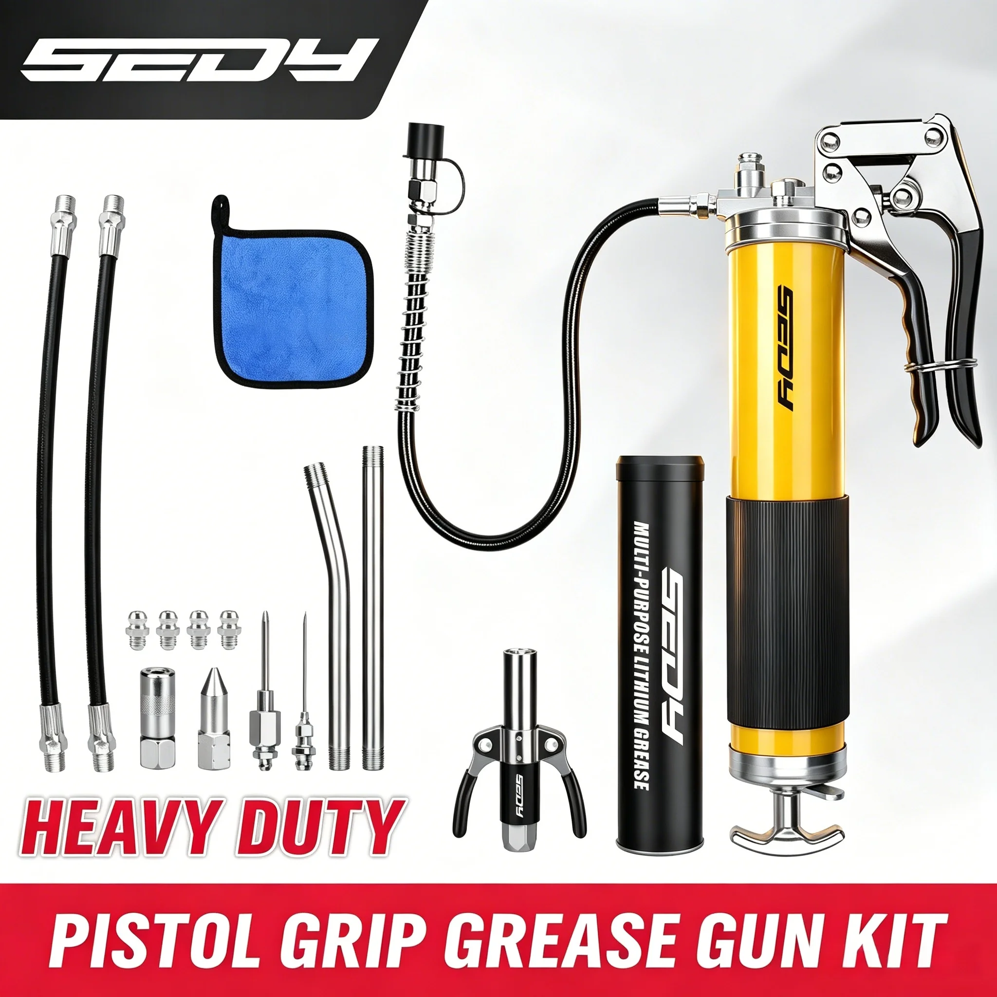 SEDY 17Pcs 8000PSI Heavy Duty Pistol Grip Grease Gun Kit, 14oz Flex Hose Adapters Ext Tube for Auto Marine Bearing Repair
SEDY 17Pcs 8000PSI Heavy Duty Pistol Grip Grease Gun Kit, 14oz Flex Hose Adapters Ext Tube for Auto Marine Bearing Repair