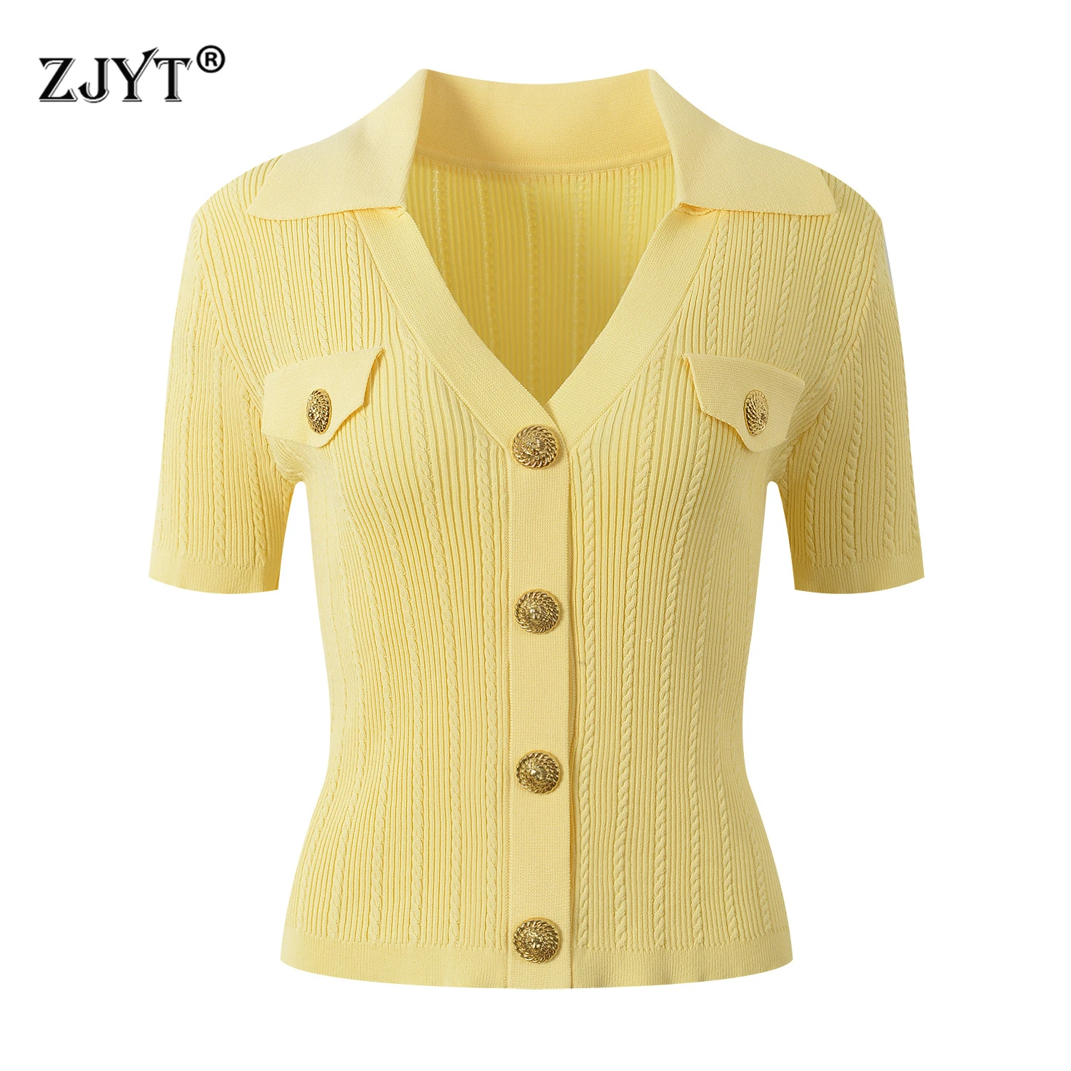 ZJYT Women's Summer Knitted Cardigan Tops Turn Down Collar Short Sleeve Sweaters Elegant Jersey Slim Fit Casual Knitwears Yellow
ZJYT Women's Summer Knitted Cardigan Tops Turn Down Collar Short Sleeve Sweaters Elegant Jersey Slim Fit Casual Knitwears Yellow