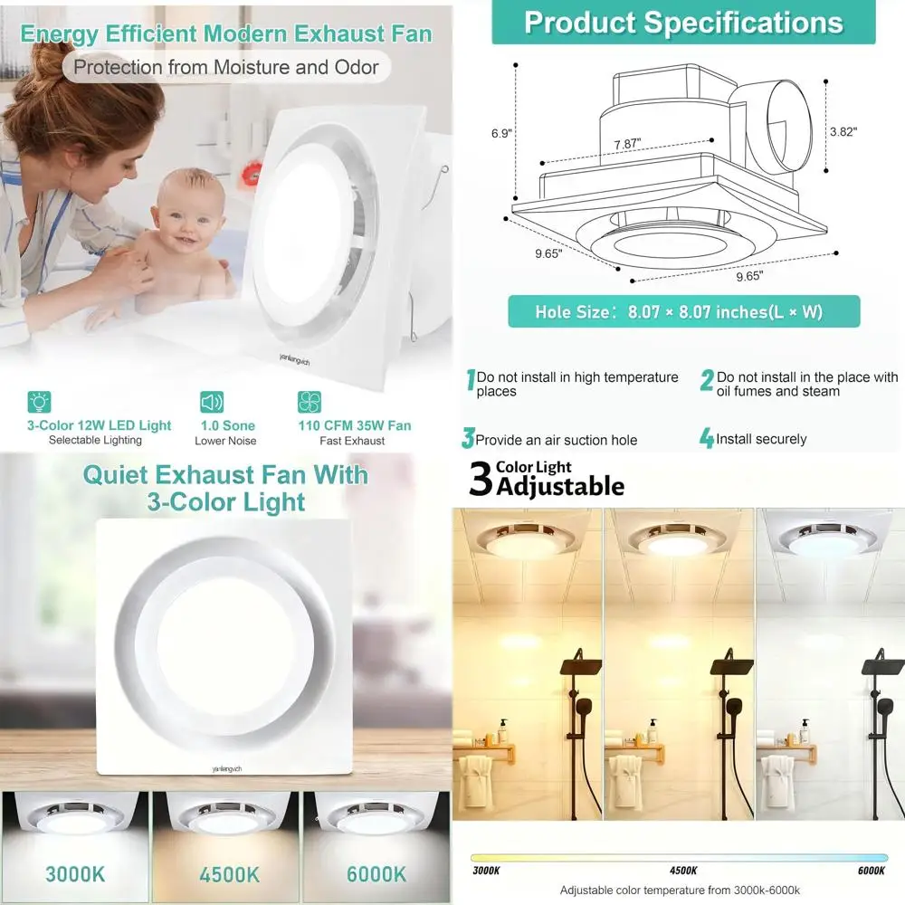 Adjustable 3000K-6000K LED Lighted Bathroom Exhaust Fan, 110 CMH, 8 for Efficient Air Circulation and Odor Control
Adjustable 3000K-6000K LED Lighted Bathroom Exhaust Fan, 110 CMH, 8 for Efficient Air Circulation and Odor Control