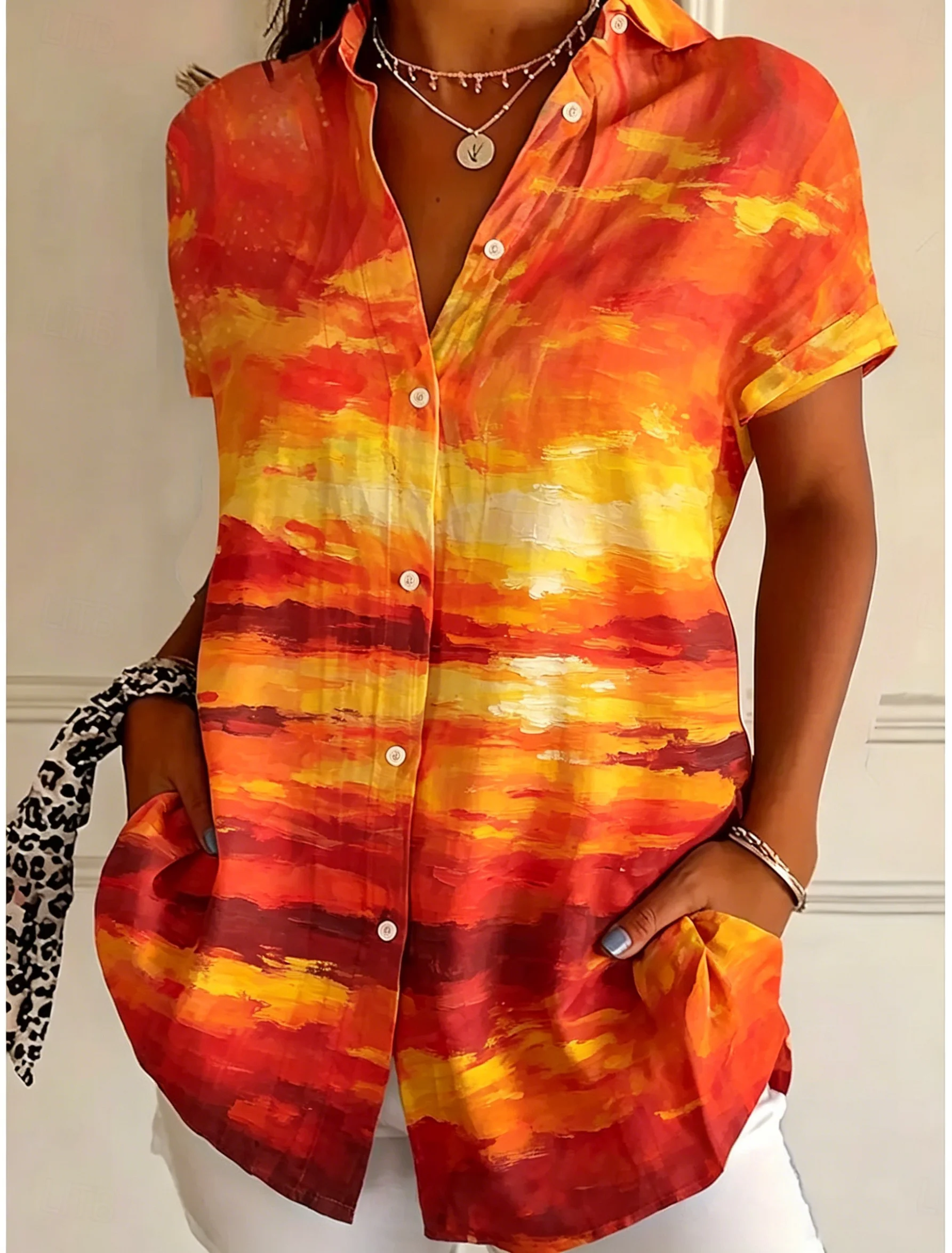 Women's Short Sleeve Sunset Print Button Down Casual Shirt Elegant Daily Blouse Tops in Orange Red for Spring Summer
Women's Short Sleeve Sunset Print Button Down Casual Shirt Elegant Daily Blouse Tops in Orange Red for Spring Summer