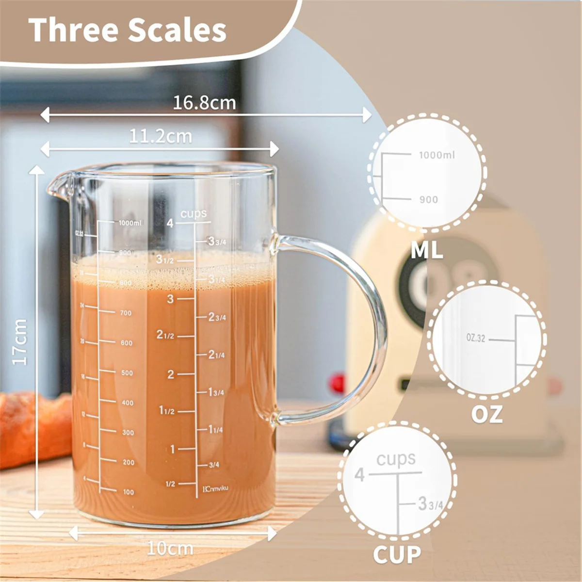 SEMOIC Glass Measuring Cup, Insulated Handle, V-Shaped Spout, High Borosilicate Glass Measuring Cup 1000ML, /1 Liter, 4 Cup
SEMOIC Glass Measuring Cup, Insulated Handle, V-Shaped Spout, High Borosilicate Glass Measuring Cup 1000ML, /1 Liter, 4 Cup