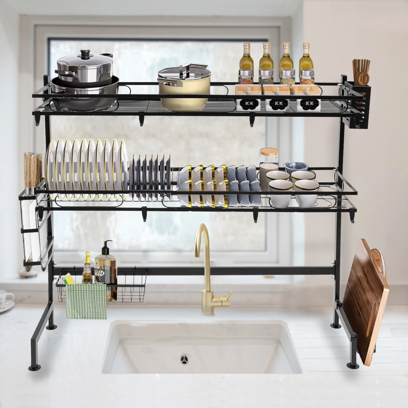 32.2in Double Layer Sink Storage Rack Complete Set Drying Rack For Kitchen
