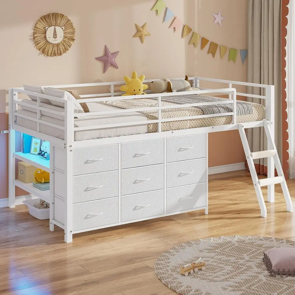 Twin Loft Bed for Kids, Low Loft Bed Twin Size with 9 Storage Dresser, LED Lights, 2 Storage Shelves & Stairs, Metal White Bed w
Twin Loft Bed for Kids, Low Loft Bed Twin Size with 9 Storage Dresser, LED Lights, 2 Storage Shelves & Stairs, Metal White Bed w