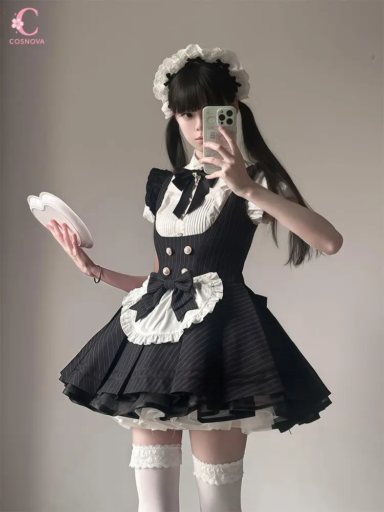 Japanese Sweet Classic Maid Lolita Dress Women Cute Black White Stripe Cosplay Apron Set Korean Chic Elegant Kawaii Party Outfit
Japanese Sweet Classic Maid Lolita Dress Women Cute Black White Stripe Cosplay Apron Set Korean Chic Elegant Kawaii Party Outfit