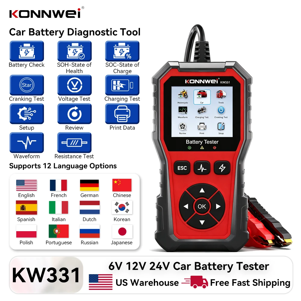 KONNWEI KW331 Car Battery Tester 6V 12V 24V Battery Analyzer Automotive Battery Diagnostic Tool with Cloud Printing for Fault Data Report
KONNWEI KW331 Car Battery Tester 6V 12V 24V Battery Analyzer Automotive Battery Diagnostic Tool with Cloud Printing for Fault Data Report