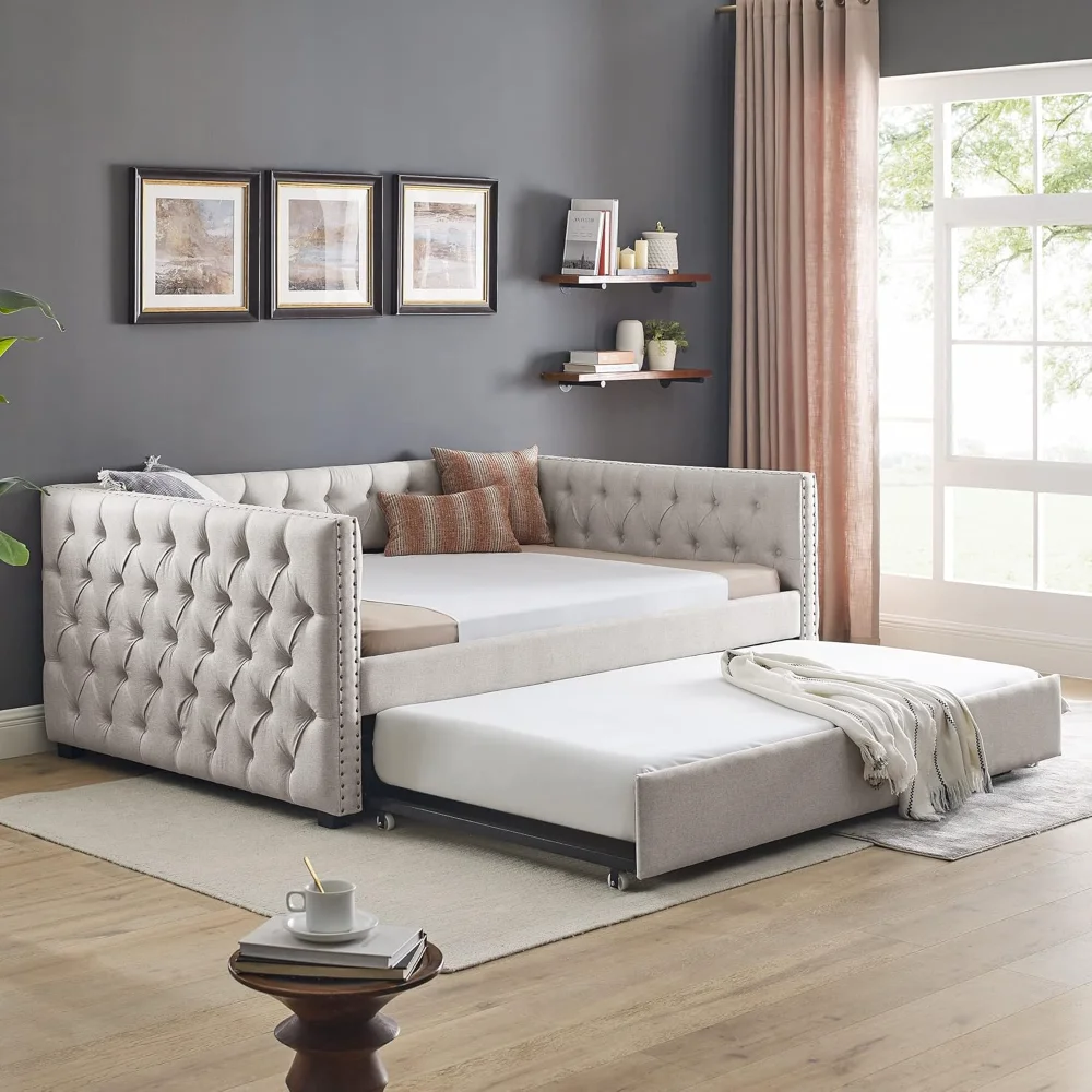 Upholstered Daybed with Trundle, Modern Linen Fabric Full Size Button Tufted Daybed Frame Sofa Bed, Space Saving, Beige Daybeds
Upholstered Daybed with Trundle, Modern Linen Fabric Full Size Button Tufted Daybed Frame Sofa Bed, Space Saving, Beige Daybeds