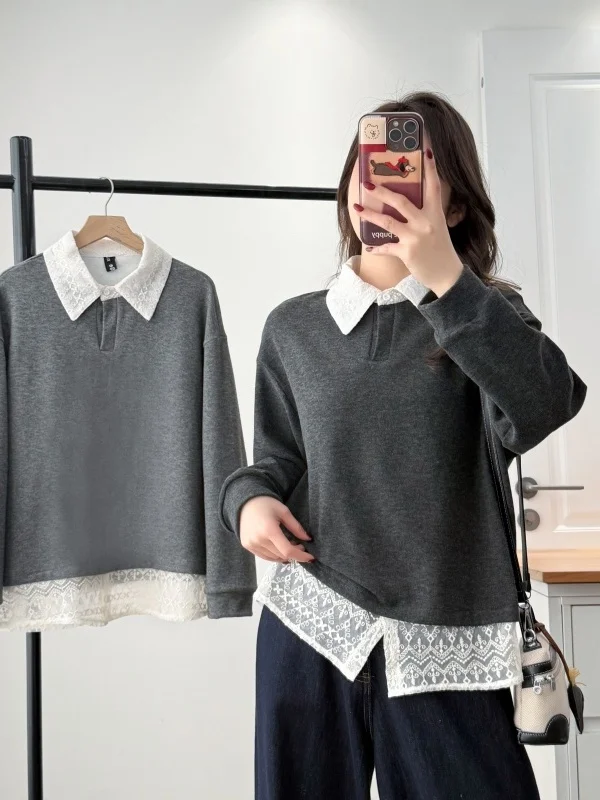 Loose Fit Lace Patchwork Collar Sweatshirt Women's Grey Korean Style Spring Clothing Fake Two-Piece Design Age-Defying Top
Loose Fit Lace Patchwork Collar Sweatshirt Women's Grey Korean Style Spring Clothing Fake Two-Piece Design Age-Defying Top