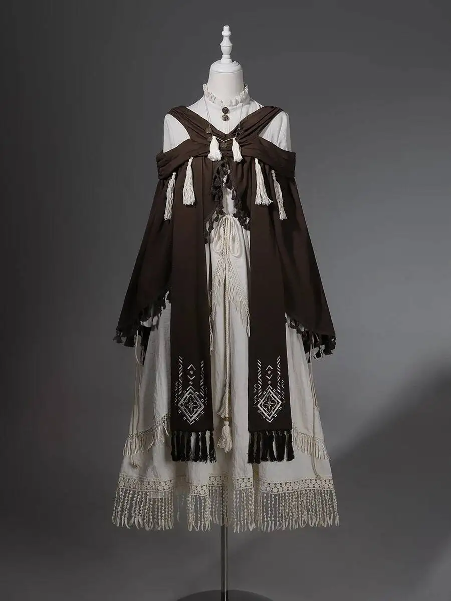 Bohemian Tassel Shawl Long Dress Set Ethnic Embroidery Off Shoulder Outerwear Vintage Lolita Outfit
Bohemian Tassel Shawl Long Dress Set Ethnic Embroidery Off Shoulder Outerwear Vintage Lolita Outfit