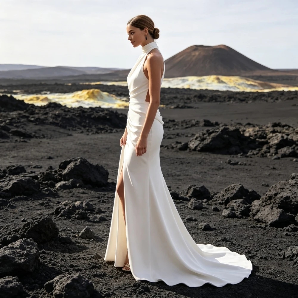 Customized Neck Hanging Satin Slit Mermaid Wedding Dress 2026 New High Waisted Backless Summer Bridal Gown Suitable for Parties
Customized Neck Hanging Satin Slit Mermaid Wedding Dress 2026 New High Waisted Backless Summer Bridal Gown Suitable for Parties