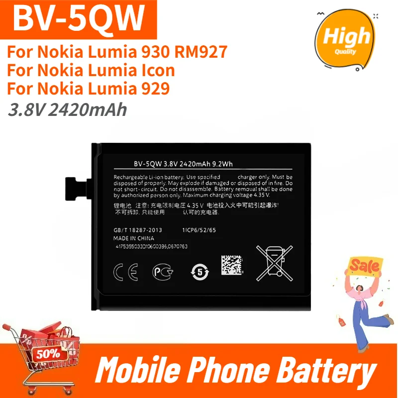 High Quality BV-5QW Phone Battery 3.8V 2420mAh For Nokia Lumia 930/Icon/929/RM927 Brand New Replacement Battery
High Quality BV-5QW Phone Battery 3.8V 2420mAh For Nokia Lumia 930/Icon/929/RM927 Brand New Replacement Battery