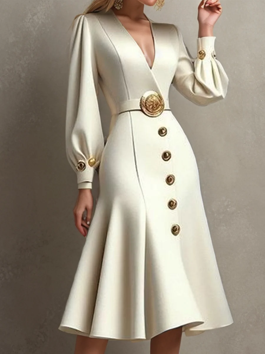 Women's Elegant Evening Dress V-neck Puff Sleeve High Waist Pleated Midi Dress 2026 Autumn Solid Color Banquet Party Clothing
Women's Elegant Evening Dress V-neck Puff Sleeve High Waist Pleated Midi Dress 2026 Autumn Solid Color Banquet Party Clothing