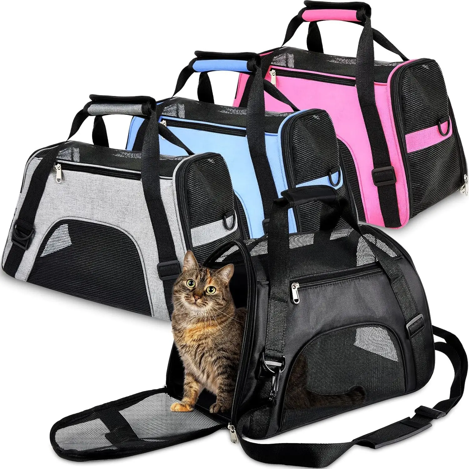 4 Pcs Soft-Sided Cat Carrier Bag for Pets Under 13 Lbs, Portable Foldable Travel Bag in Black, Gray, Pink, Blue
4 Pcs Soft-Sided Cat Carrier Bag for Pets Under 13 Lbs, Portable Foldable Travel Bag in Black, Gray, Pink, Blue
