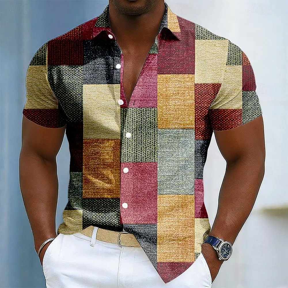 Men's Casual Daily Outdoor Patchwork Shirt, Geometric Color Block 3D Print Short Sleeve Button Up, Spring & Summer Holiday Wear
Men's Casual Daily Outdoor Patchwork Shirt, Geometric Color Block 3D Print Short Sleeve Button Up, Spring & Summer Holiday Wear