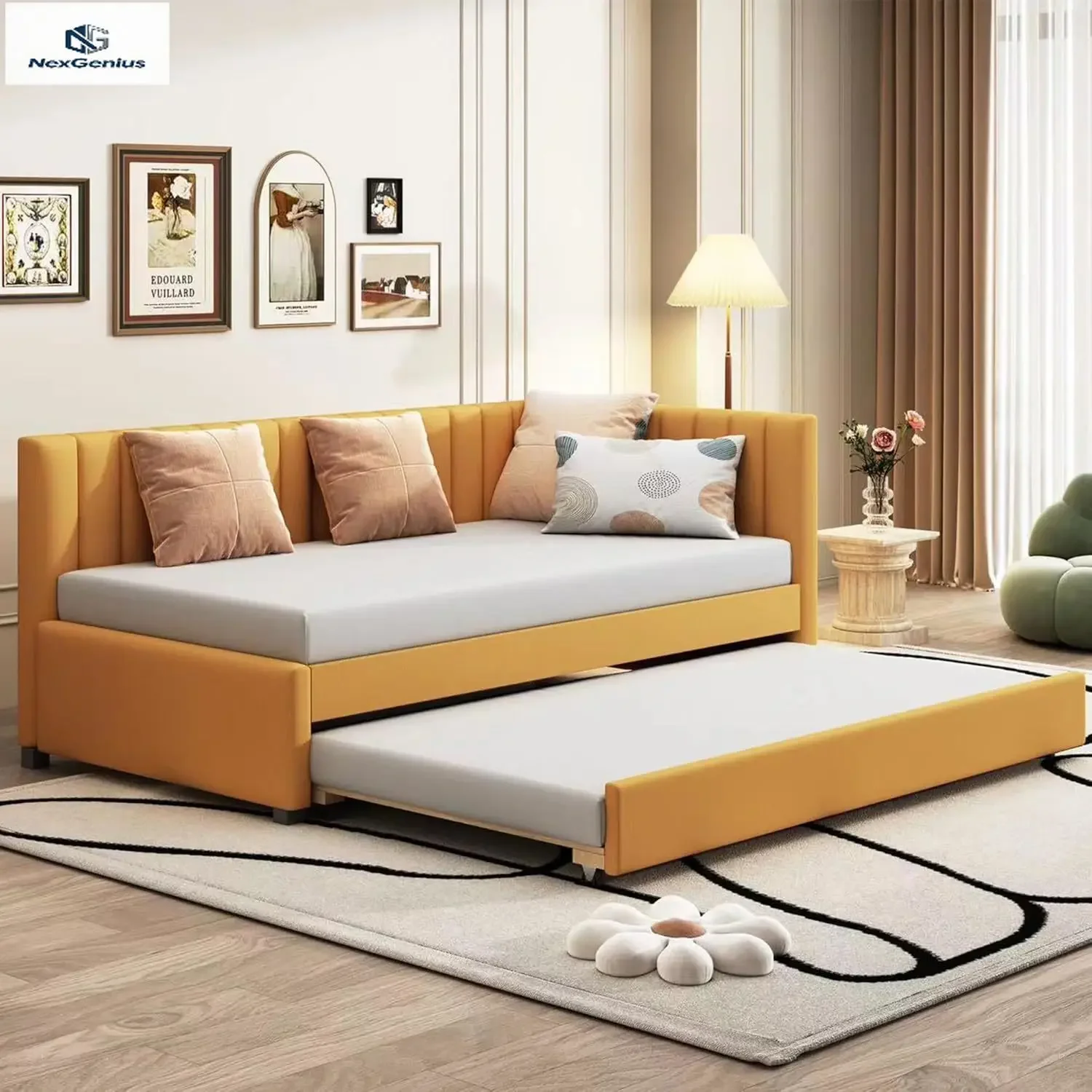 Yellow Twin Size Daybed With Trundle Linen Upholstered Sofa Bed Solid Wood Slat Support No Box Spring Needed Wooden Day Bed Fram
Yellow Twin Size Daybed With Trundle Linen Upholstered Sofa Bed Solid Wood Slat Support No Box Spring Needed Wooden Day Bed Fram