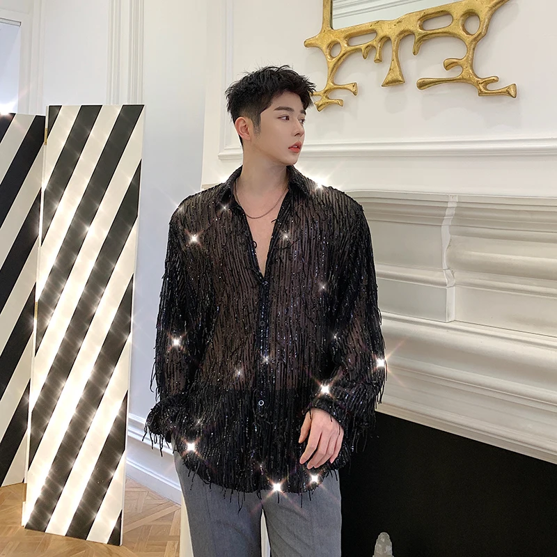 Spring Summer Irregular Sequin Tassel Shirt Streetwear Fashion Long Sleeve Shirts Men's Transparent Nightclub Tops Black/Apricot
Spring Summer Irregular Sequin Tassel Shirt Streetwear Fashion Long Sleeve Shirts Men's Transparent Nightclub Tops Black/Apricot