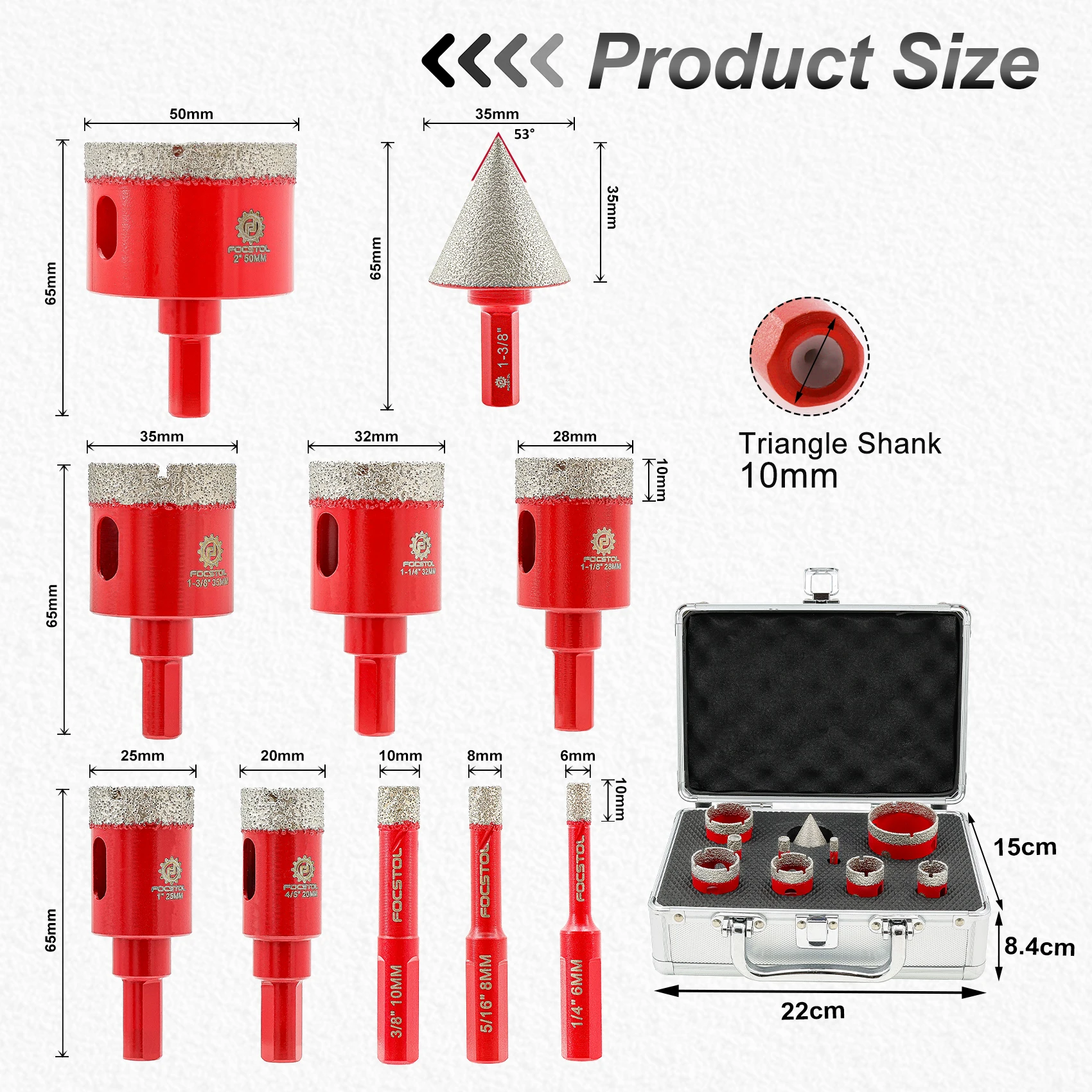 FOCSTOL 10pcs Diamond Tile Drill Bit Set 6/8/10/20/25/28/32/35/50mm Triangular Shank for Porcelain Tile Ceramic Granite Marble
FOCSTOL 10pcs Diamond Tile Drill Bit Set 6/8/10/20/25/28/32/35/50mm Triangular Shank for Porcelain Tile Ceramic Granite Marble