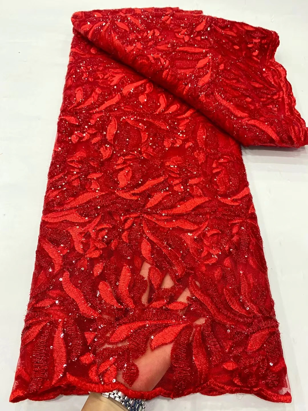 NDPN280 Red color African net lace fabric with sequins,high quality embroidered French tulle lace for party & wedding dress
NDPN280 Red color African net lace fabric with sequins,high quality embroidered French tulle lace for party & wedding dress