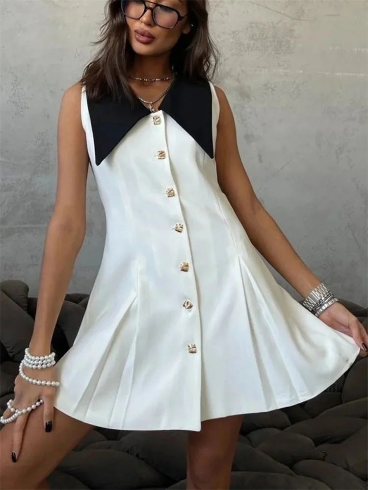 Tossy Lapel Elegant Metallic Mini Dress For Women Cardigan Fashion Slim Patchwork Contrast Evening Dress Female Commute Dress 
Tossy Lapel Elegant Metallic Mini Dress For Women Cardigan Fashion Slim Patchwork Contrast Evening Dress Female Commute Dress