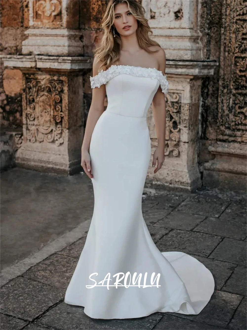 Elegant Satin Wedding Dress with Floral Off Shoulder Sleeves, Sweep Train Simple Bride Dresses Affordable Customized Bridal Gown
Elegant Satin Wedding Dress with Floral Off Shoulder Sleeves, Sweep Train Simple Bride Dresses Affordable Customized Bridal Gown