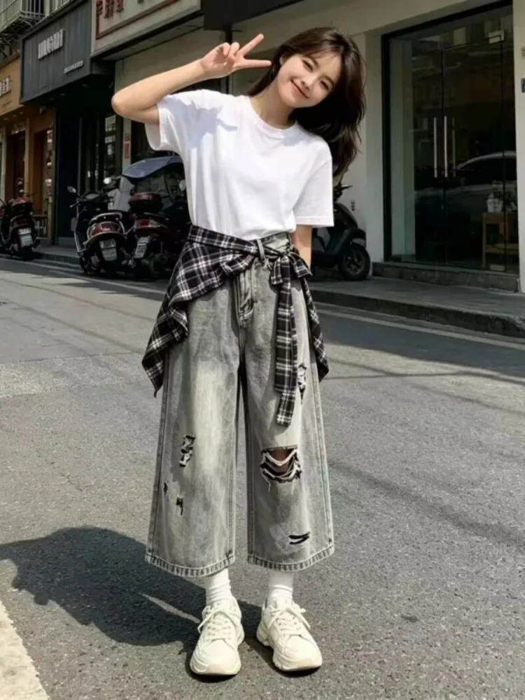 Retro American Distressed Seven-Foot Women's Jeans Summer plus Size Plaid Curtain Straight Leg High Waist Casual Denim Pants
Retro American Distressed Seven-Foot Women's Jeans Summer plus Size Plaid Curtain Straight Leg High Waist Casual Denim Pants